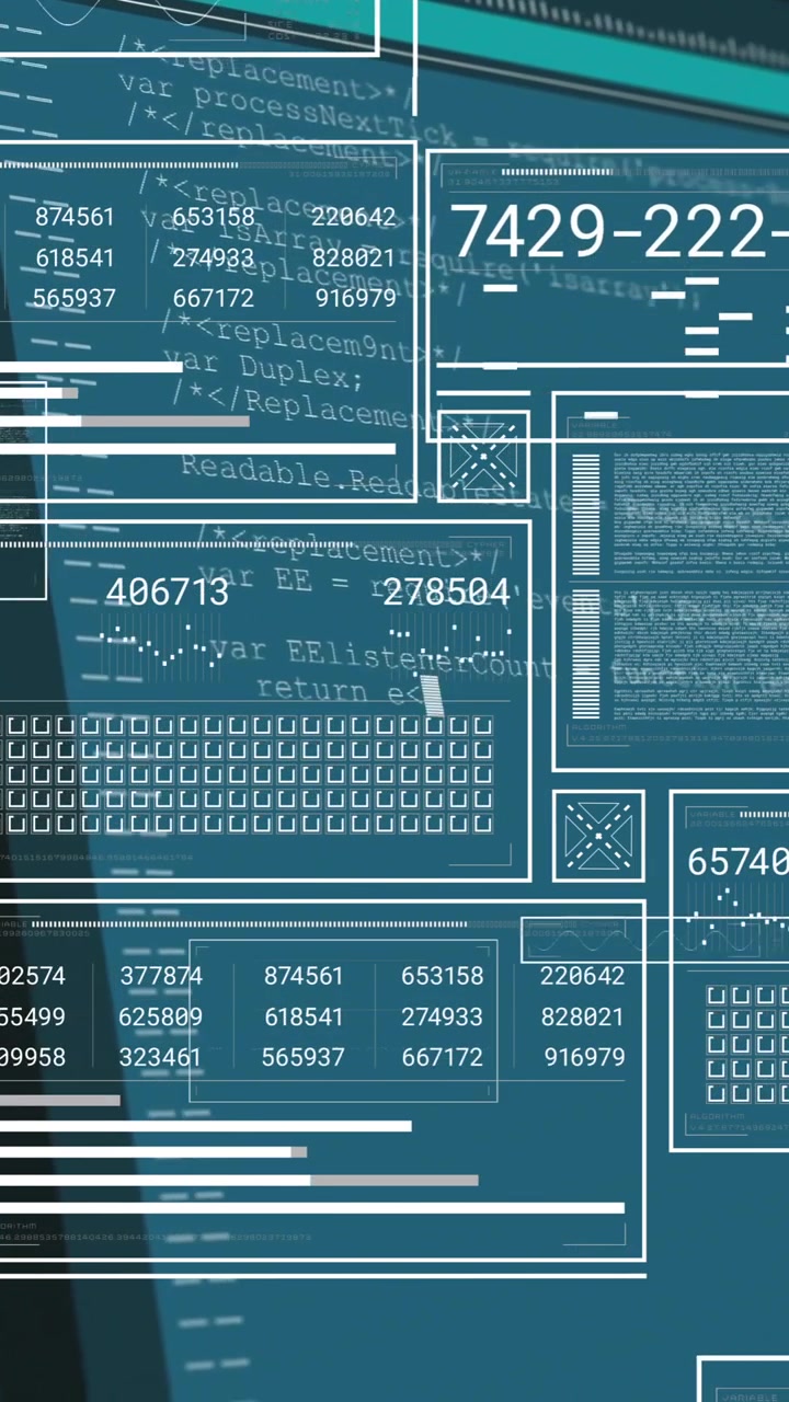 Animation of digital data and coding interface with numbers on blue background