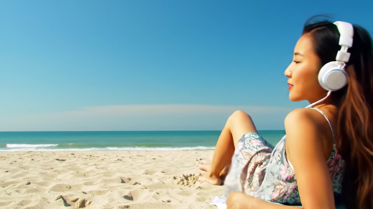 A Serene Escape: Enjoying Music by the Tranquil Beach on a Sunny Day, Embracing Relaxation with Headphones While Soaking in the Coastal Atmosphere