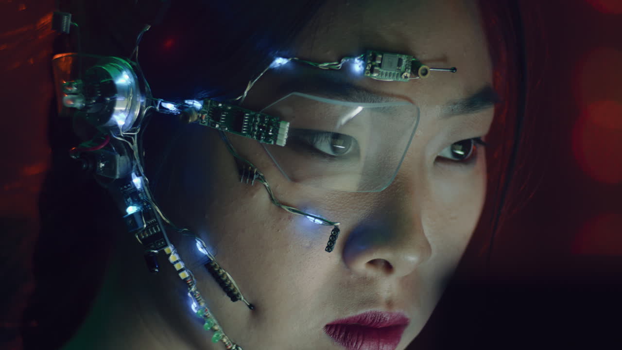 una mujer cyberpunk con un sombrero de realidad aumentada