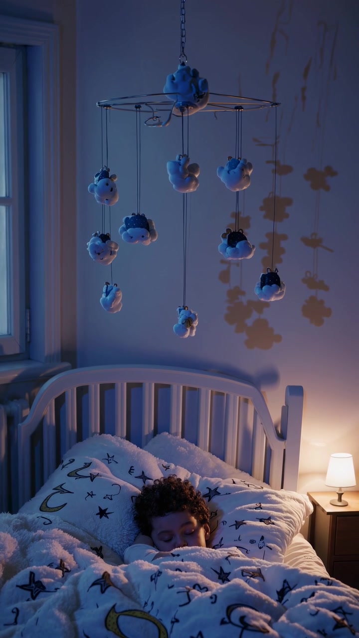 Young Child Sleeping Peacefully in Bed with Rotating Crib Mobile