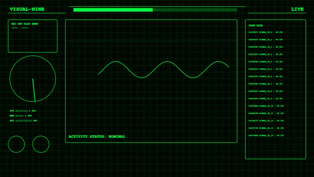 Digital Interface Display with Oscillating Waveform and Data Feed