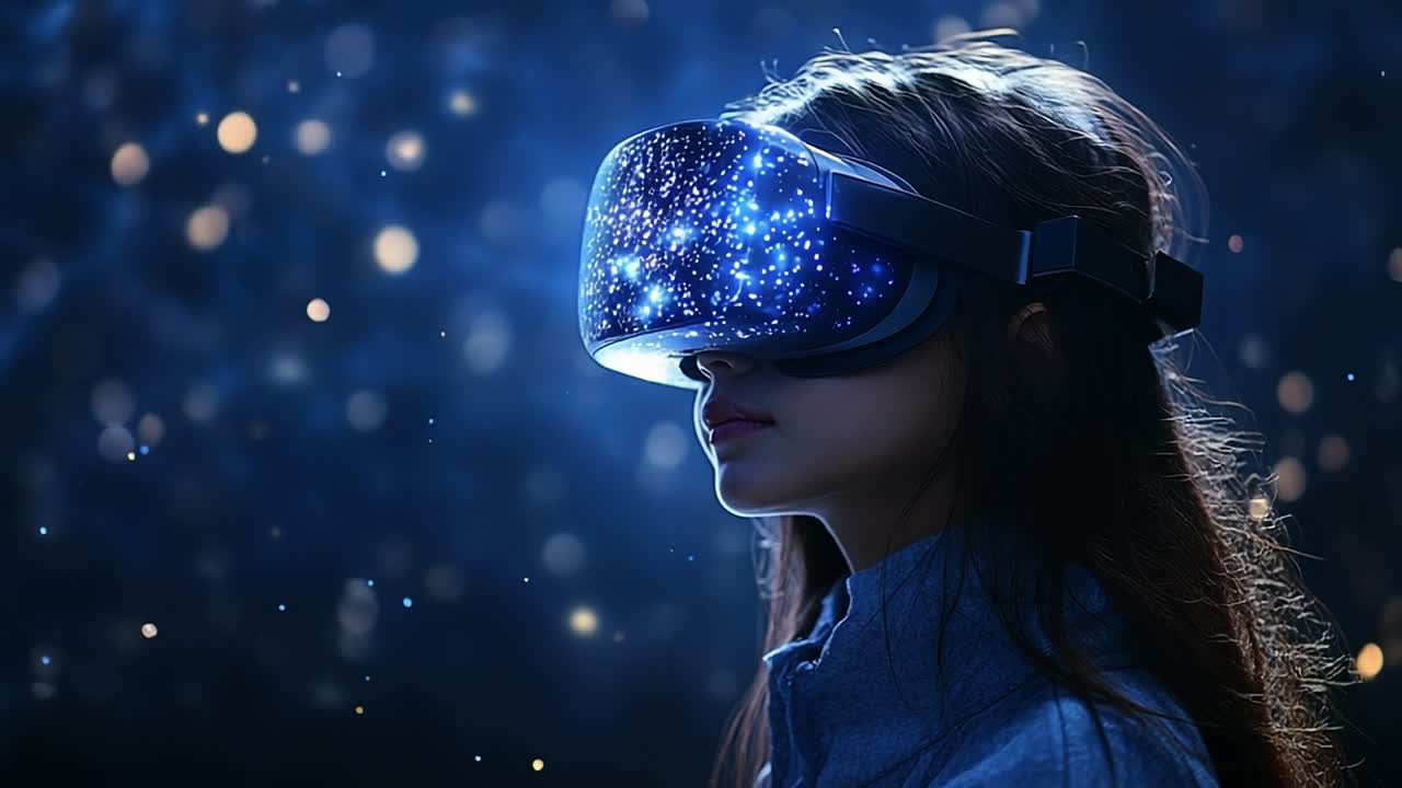 Immersive tech in virtual worlds. A young woman uses a VR headset, exploring a vibrant digital universe full of stars and lights.