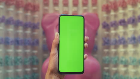 close-up of hands holding a green screen smartphone in a store