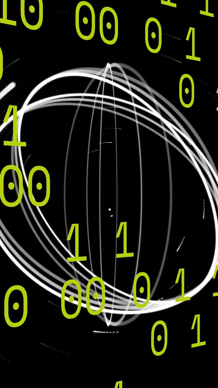 Animazione di cerchi in movimento su codici binari, su sfondo nero.