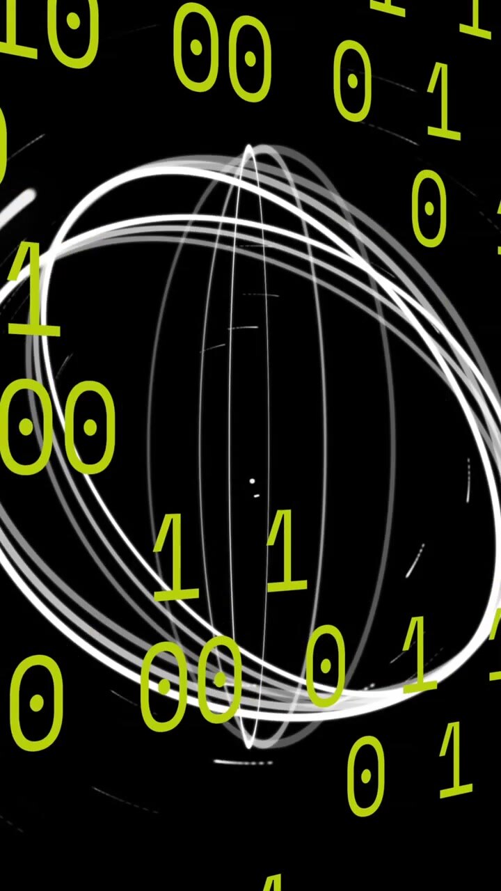 Animation of moving circles over binary codes against black background