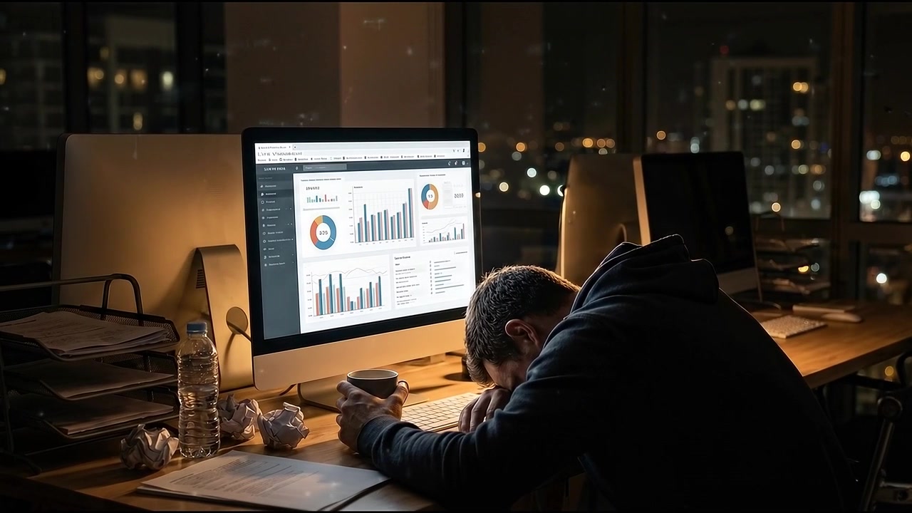 Exhausted Professional Sleeping at Desk in Office at Night