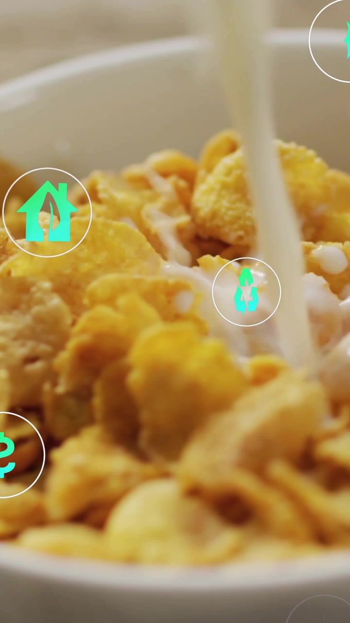 Video verticale: Icone color verde acqua che appaiono, un getto di latte si versa in una ciotola di cornflakes, mostrando i benefici ecologici.