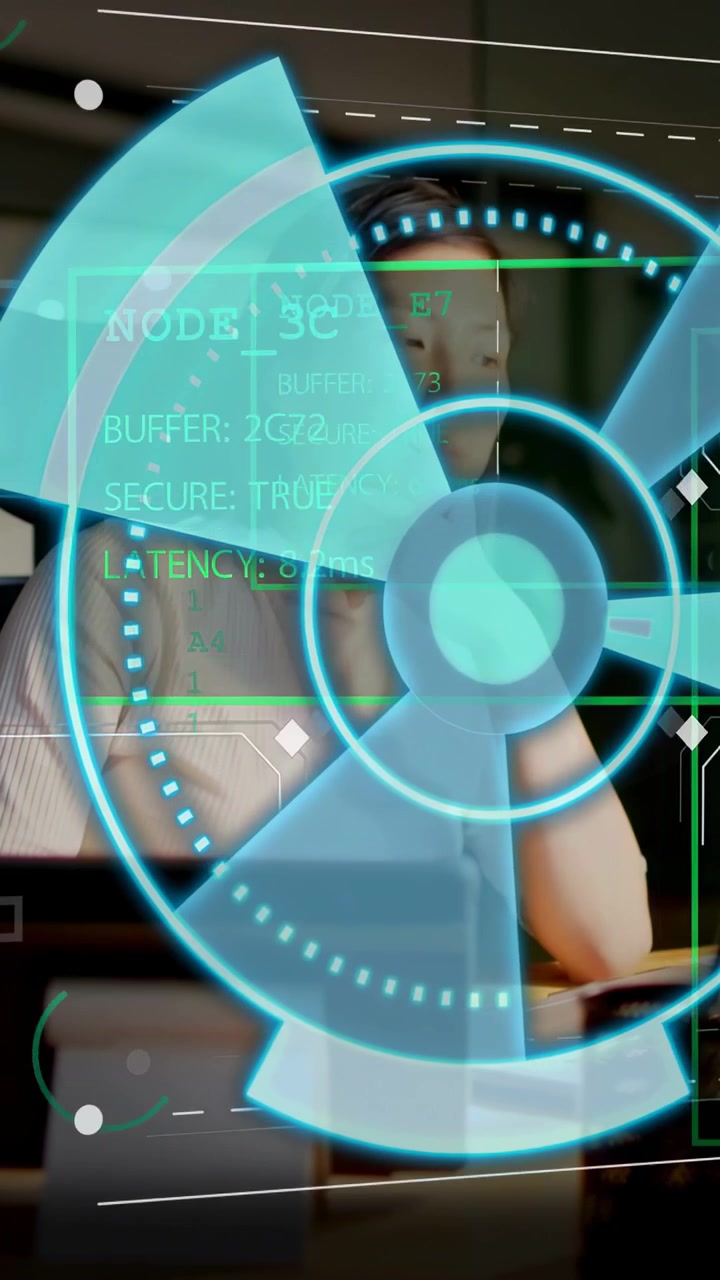 Vertical video: Tech woman at desk reaching keyboard, cyan HUD rotating and revealing laptop data