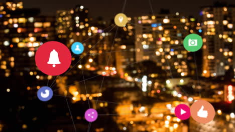 animación de iconos de las redes sociales sobre el paisaje urbano