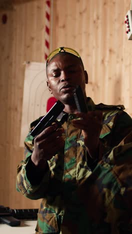 vertical video military officer instructing soldiers on how to load ammunition into pistol