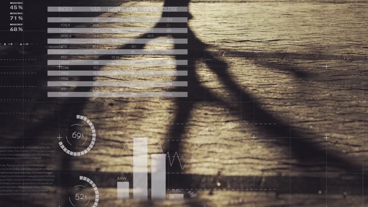 거리에서  ⁇ 고 있는 사람들의 그림자와 타임  ⁇ 스 위로 움직이는 여러 그래프의 애니메이션