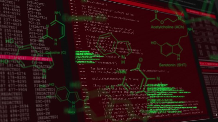 Animation of data processing on screens over red background