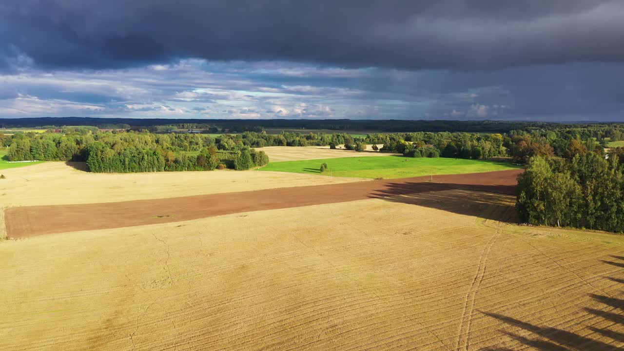 Fertile soil and agricultural fields in Latvia on golden hour with dark clouds, aerial view