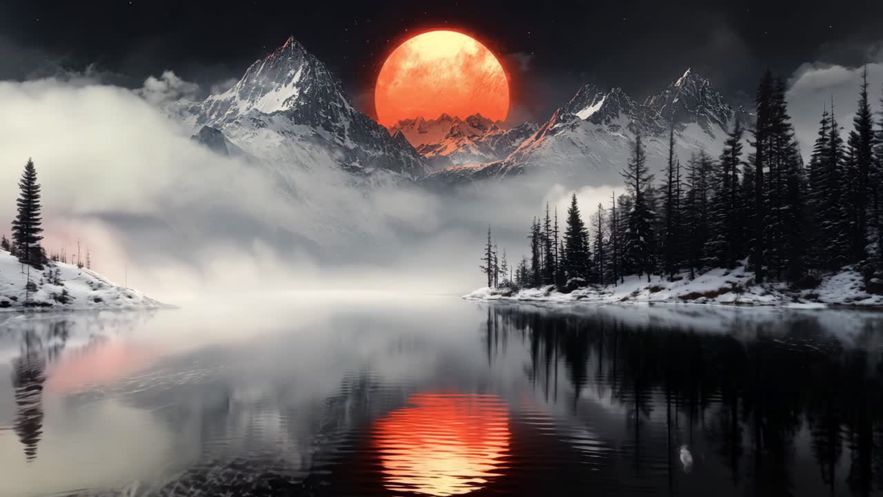 A large red sun is reflected in the water of a lake. The sky is dark and cloudy, and the mountains in the background are covered in snow. The scene is serene and peaceful, with the sun