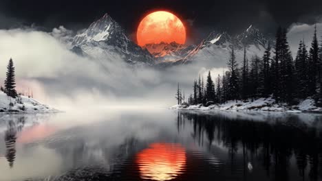 a large red sun is reflected in the water of a lake. the sky is dark and cloudy, and the mountains in the background are covered in snow. the scene is serene and peaceful, with the sun