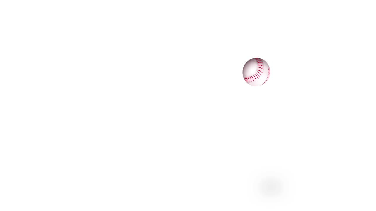 A realistic baseball drops and bounces across a seamless white background, casting soft shadows. The animation uses smooth, natural motion and a clean, minimal style