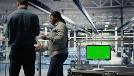 close up of green screen tablet in front of data center engineers improving rigs