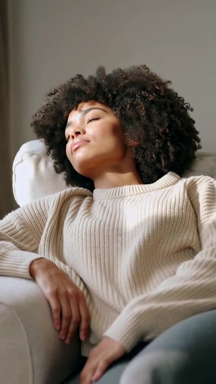 Video verticale: Luce solare dalla finestra che attira una donna sdraiata sul divano a casa, con maglione beige e jeans.