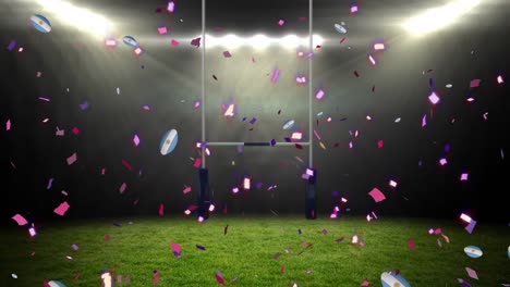 Animation-Von-Konfetti-über-Rugbybällen,-Gefärbt-Mit-Der-Argentinischen-Flagge,-Die-Im-Stadion-Fällt