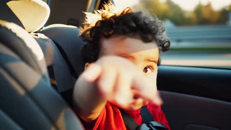 curious baby riding in a car seat