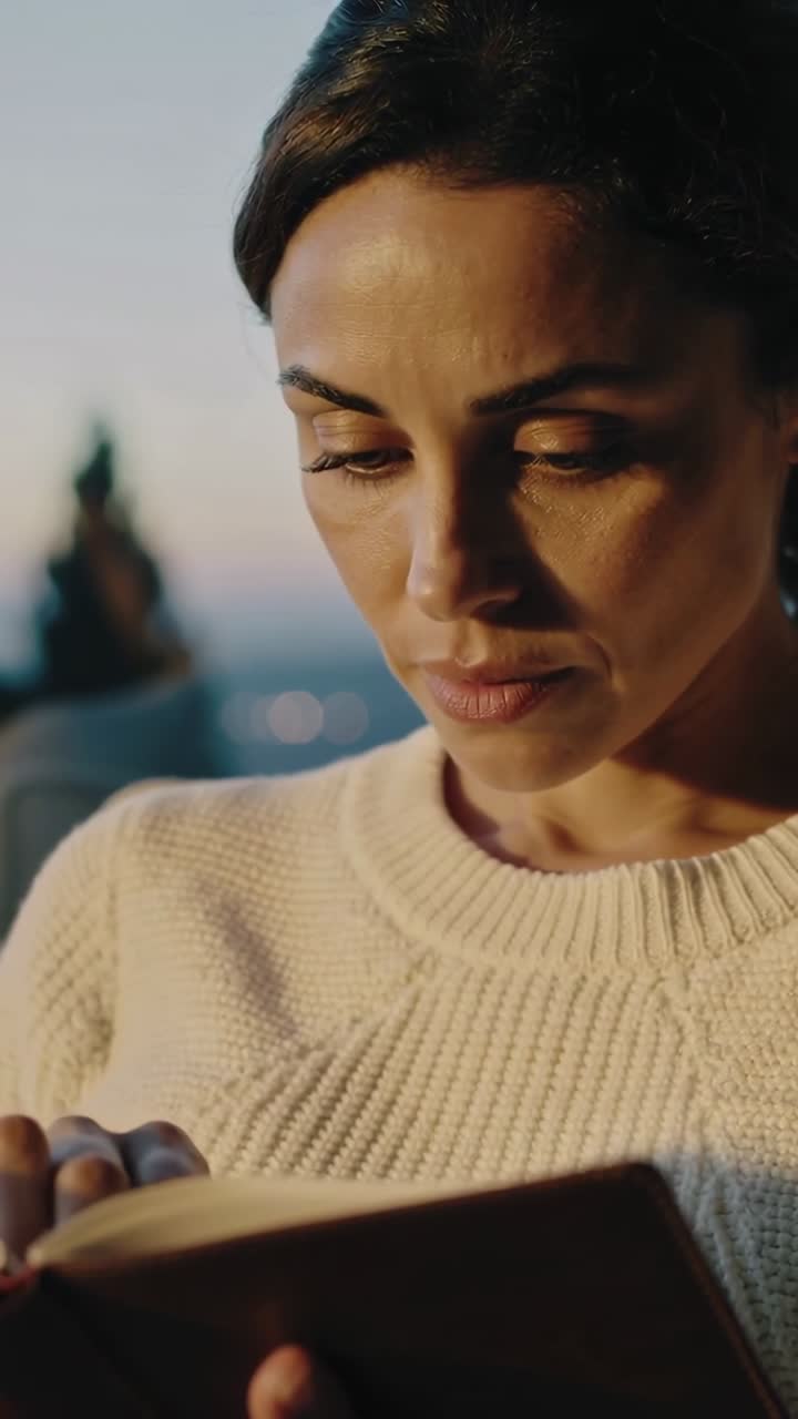 Vertical video: Sunset glow drawing woman in cream sweater reading small book on terrace, for calm