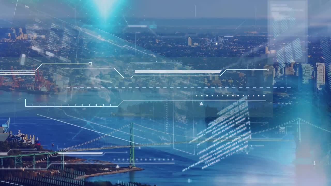 Animation der Datenverarbeitung über dem Stadtbild