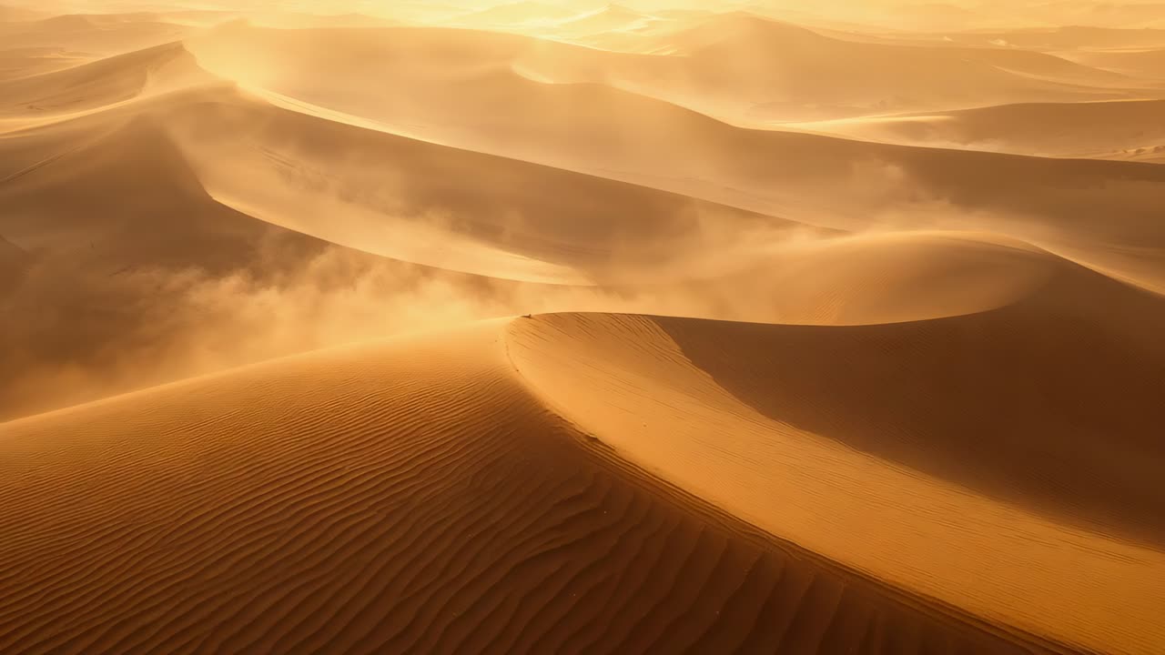 Vento impetuoso che spinge pennacchi di sabbia sulla duna in primo piano in un campo di dune remoto, modellando le creste