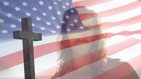 animation of cross and caucasian man over flag of usa