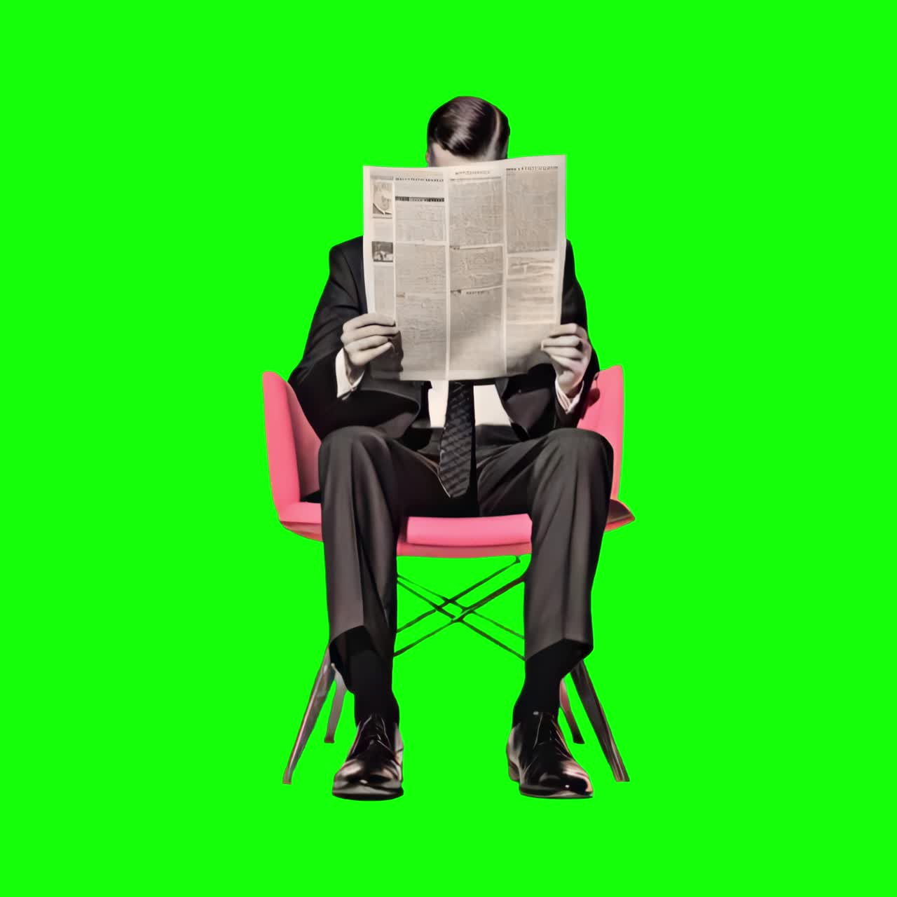Businessman reading newspaper chair animation, transparent 4K video, green screen