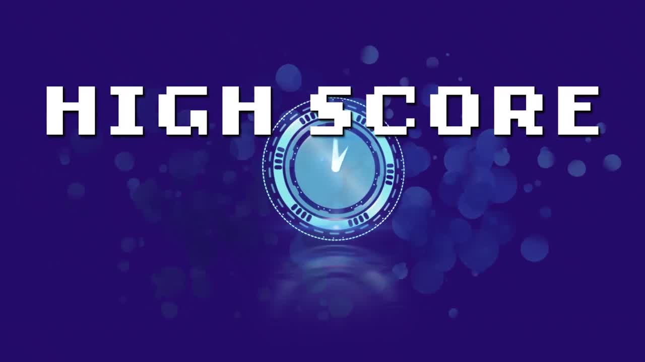 Animation of high score text banner over ticking clock and spots of light on blue background