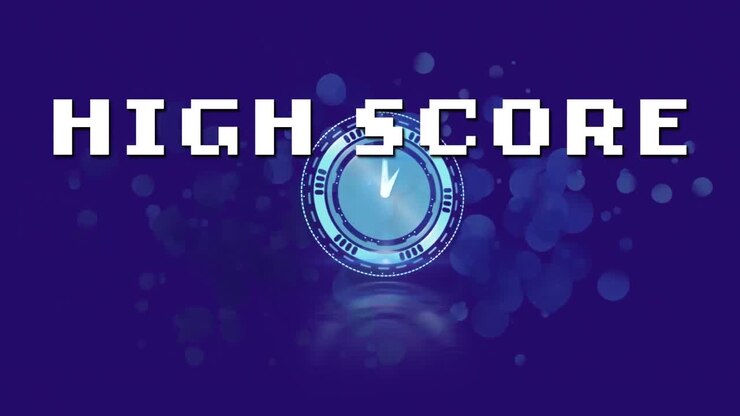 Animation of high score text banner over ticking clock and spots of light on blue background