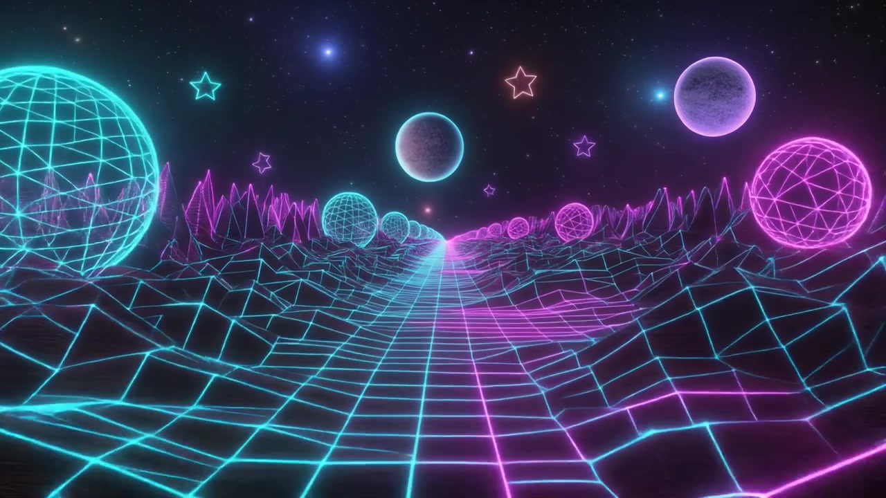 Paesaggio digitale in stile retro synthwave con griglia al neon e sfere fluttuanti