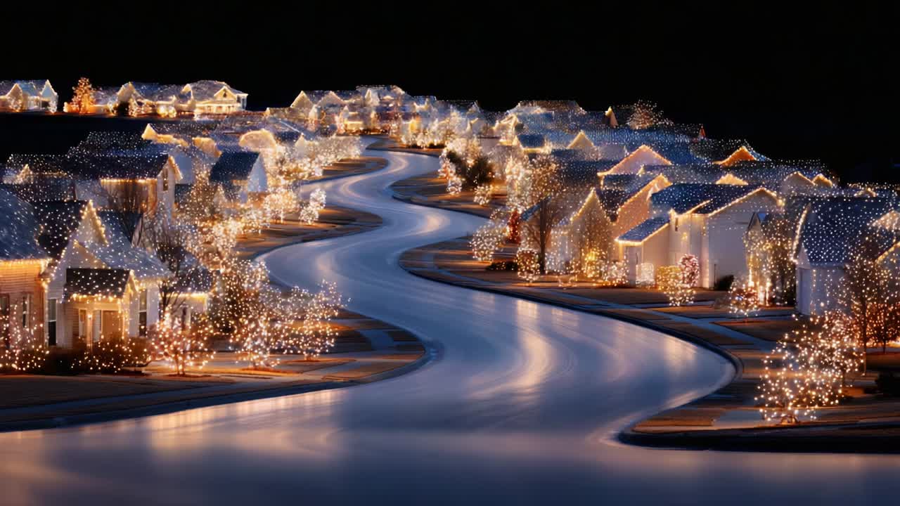 A Stunning Display of Twinkling Holiday Lights Transforming a Serene Neighborhood into a Magical Winter Wonderland with Beautifully Decorated Houses and Festive Decorations Reflecting on the Calm Water