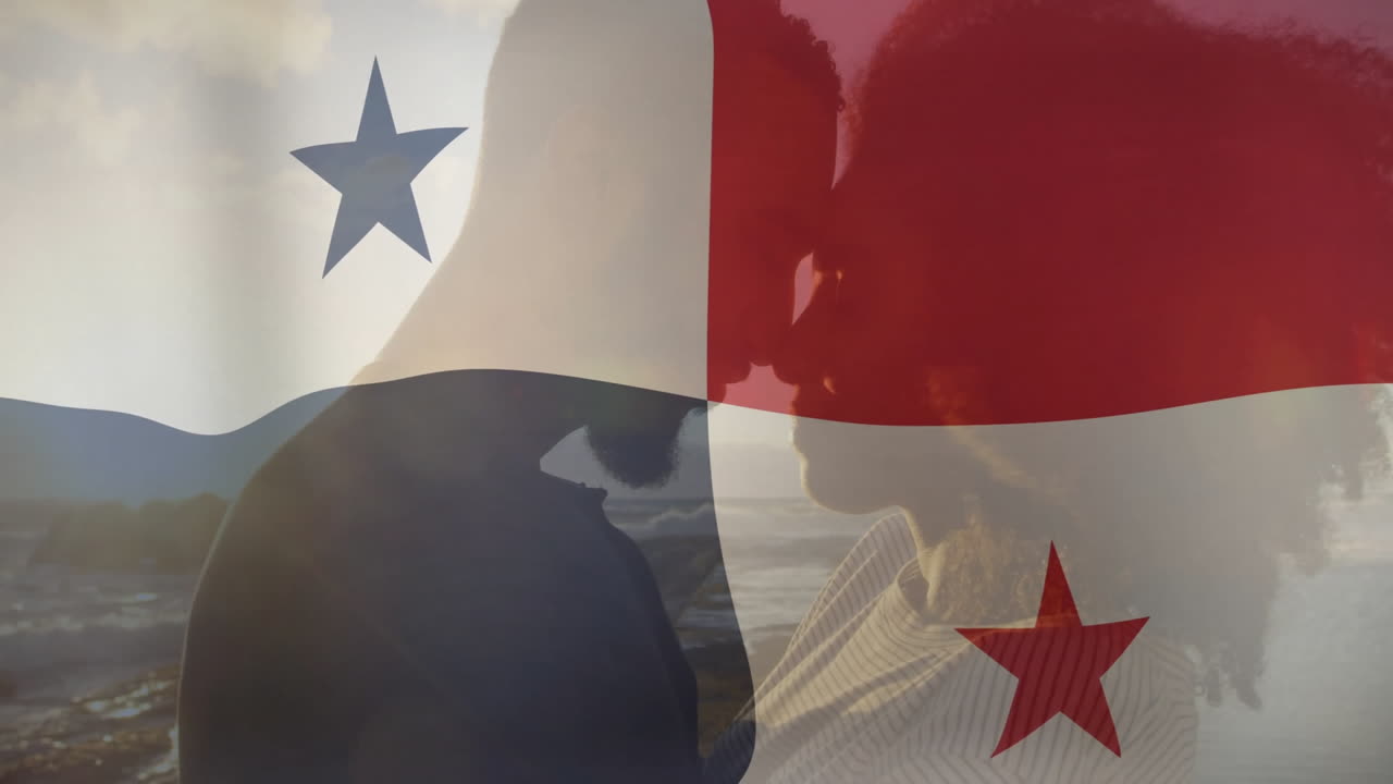 Embracing couple with Panama flag animation in romantic outdoor setting