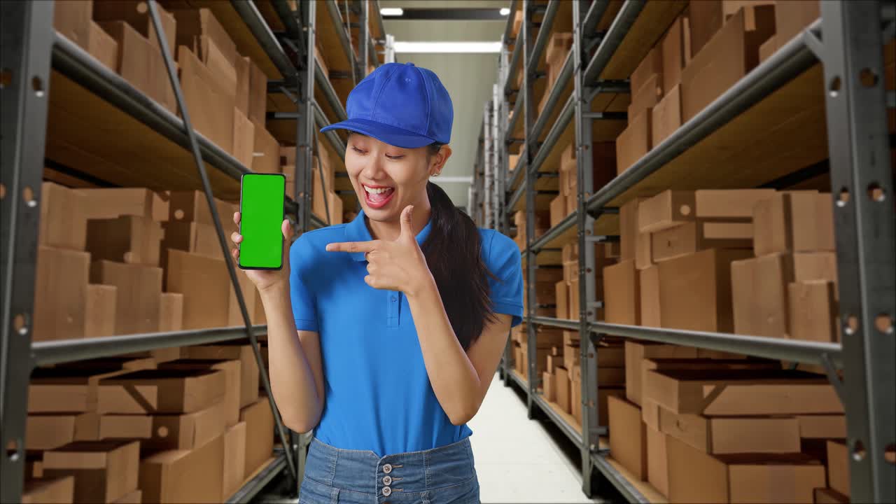 mensajera asiática en uniforme azul sonriendo y apuntando a la pantalla verde del teléfono inteligente mientras está de pie en el almacén