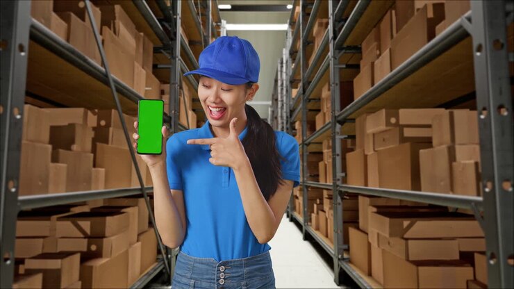 Asian Female Courier In Blue Uniform Smiling And Pointing To Green Screen Smartphone While Standing In Warehouse