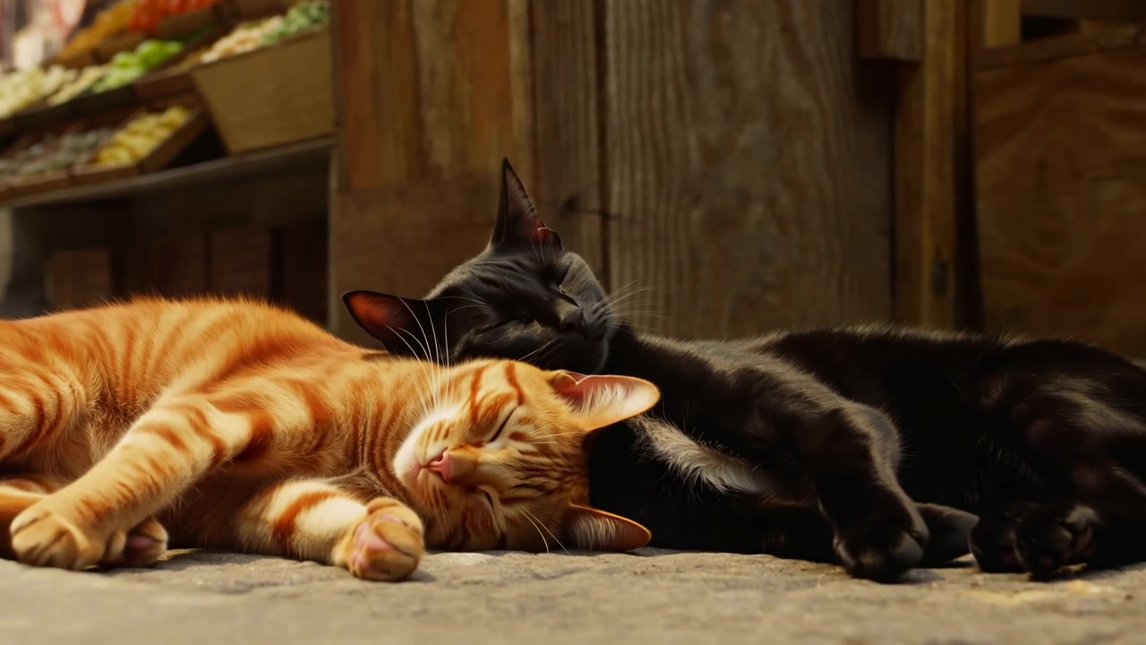 Due gatti che dormono sul pavimento del mercato, un soriano arancione e un gatto nero giacciono intrecciati accanto a una bancarella di legno, la luce del sole riscalda.