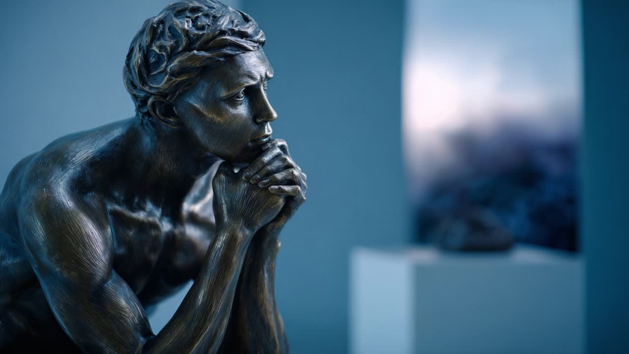 A contemplative bronze sculpture depicting a pensive figure, lost in thought, highlighting human emotion and artistic expression in a serene gallery setting