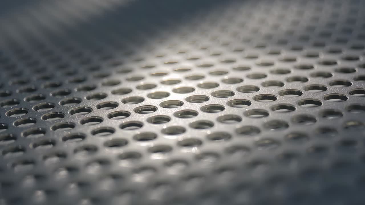 Câmera macro com foco seletivo mudando o foco através do painel de metal perfurado em estúdio, revelando detalhes