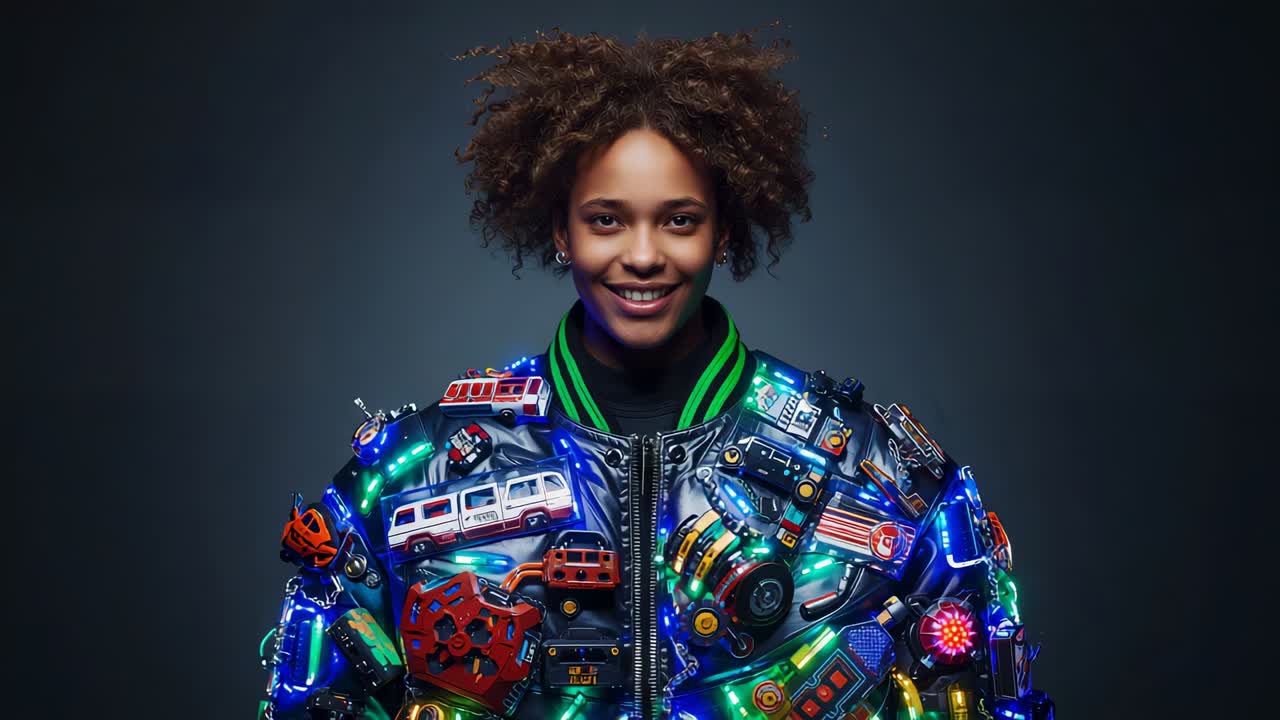 Modella sorridente che cambia espressione in studio mentre la camera riprende, rivelando una giacca illuminata a forma di veicolo giocattolo
