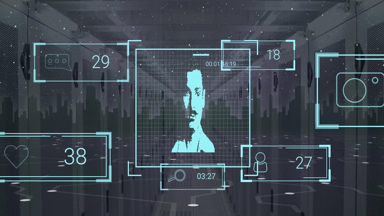 animación de iconos y números de redes sociales con fotos biométricas en servidores informáticos