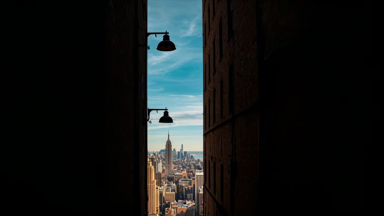 Tilting camera showing narrow gap between brick walls, revealing skyline, sunlit facade and lamps