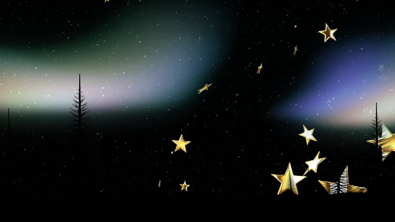 Skiftende grønn lilla aurora som driver gylne stjerner som driver, virvler, roterer nær furutre