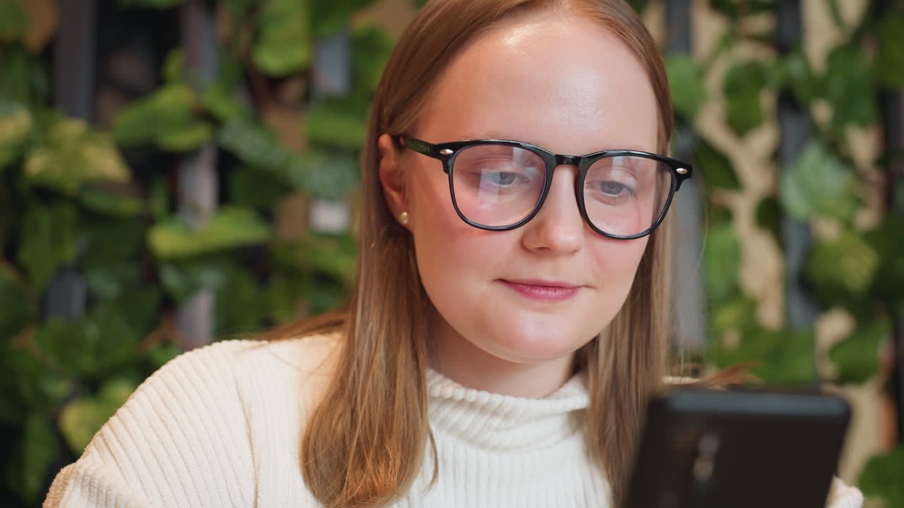 Close up of adult woman in glasses and white sweater smiling while using phone indoors, surrounded by lush green decorative plants, creating relaxed and cheerful ambiance in modern casual setting