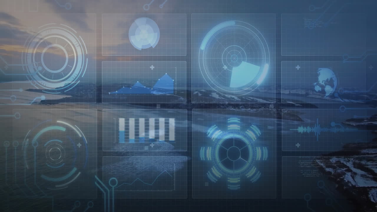 Futuristic HUD interface floating over twilight seascape, displaying radar pie and waveform charts