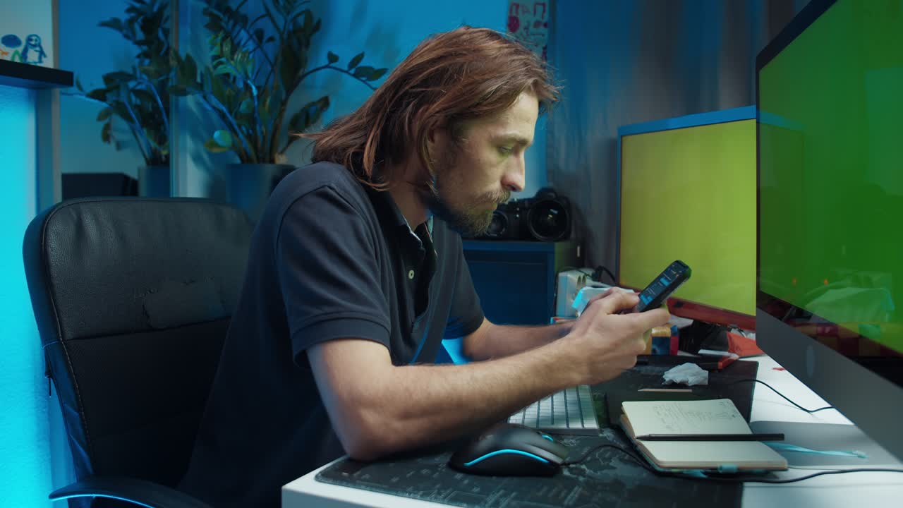 hombre sentado frente a la computadora escribiendo en el bloc de notas y usando el teléfono móvil en casa