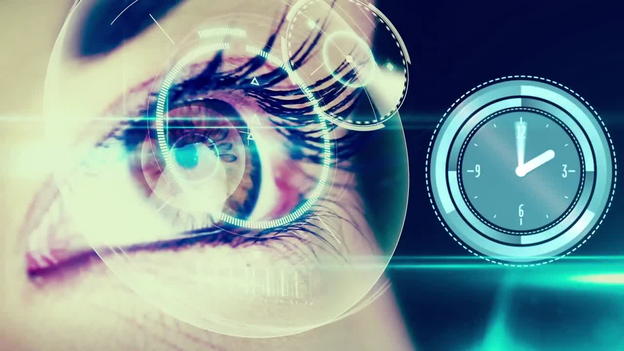 Animation of digital interface and clock over woman's eyes