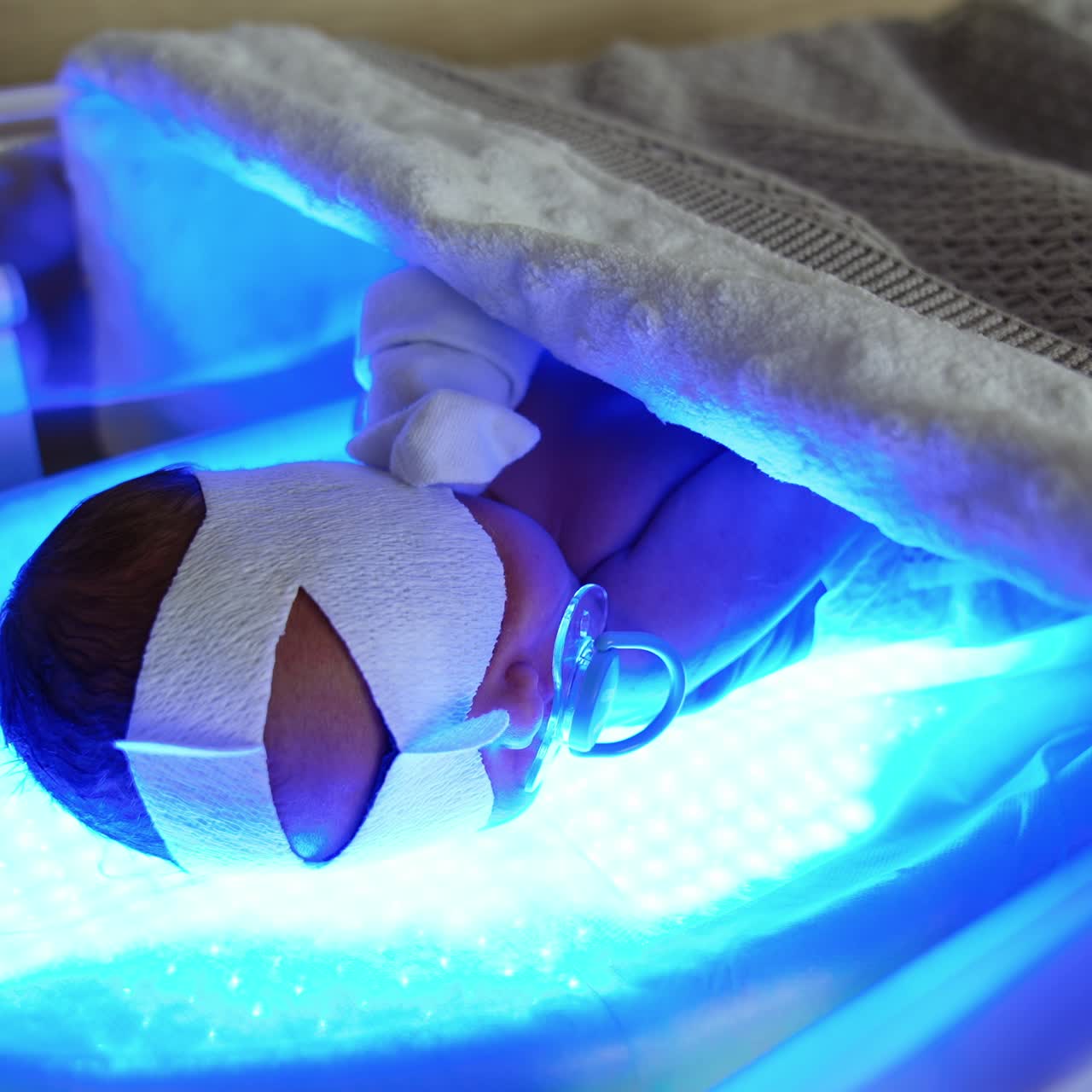 Adorable naked newborn in diaper and mittens lies in a crib. Baby is cured from neonatal jaundice by phototherapy