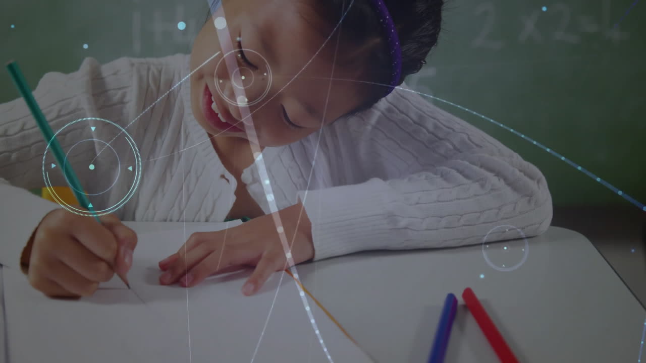 Writing on paper, child with colored pens over educational animation with numbers