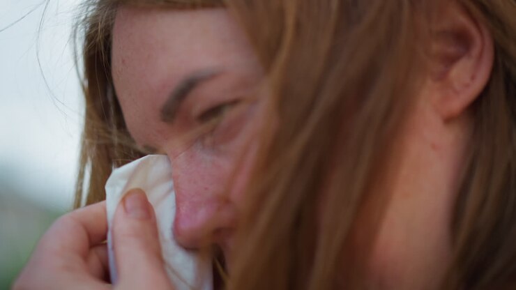 Close up of crying student wiping tears with wipes outdoors near blurred building background, showing emotion and quiet pain, soft wind moving hair, tender moment of sorrow
